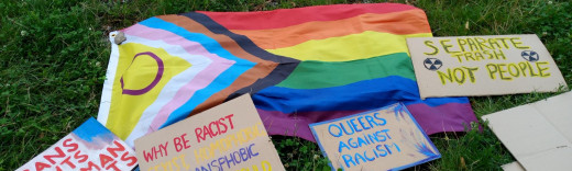 Progressive Pride Flag und Demoschilder liegen im Gras
