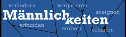 Schritftzug "Männlichkeiten", wobei "Männlich" und "keiten" versetzt sind, umgeben von den Worten "verändern", "verqueeren", "aneignen", "erkunden", "erobern" und "erfahren". Blauer Hintergrund, der an einen zerbrochenen Spiegel erinnert.