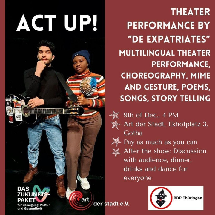 Flyer Act up! Theateraufführung von "de expatriates"