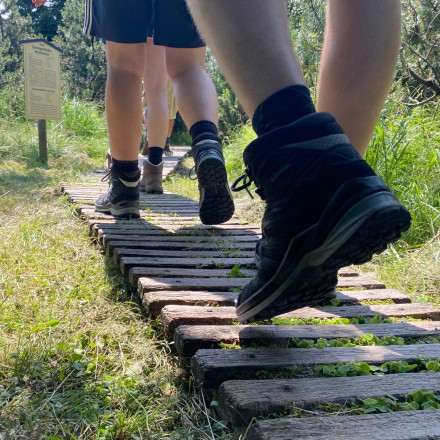 Füße in Wanderstiefeln auf Wanderweg