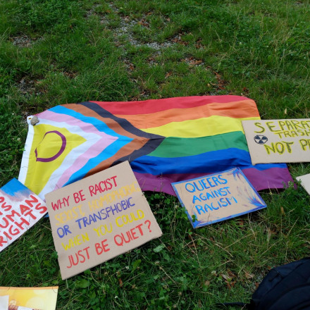 Progressive Pride Flag und Demoschilder liegen im Gras