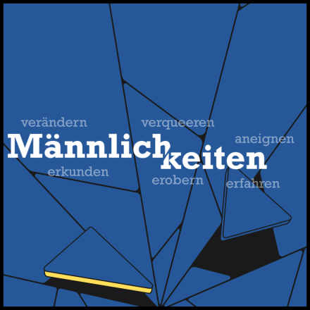 Schritftzug "Männlichkeiten", wobei "Männlich" und "keiten" versetzt sind, umgeben von den Worten "verändern", "verqueeren", "aneignen", "erkunden", "erobern" und "erfahren". Blauer Hintergrund, der an einen zerbrochenen Spiegel erinnert.
