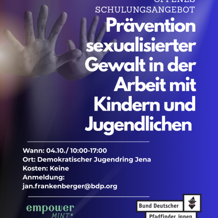Beschreibung der Veranstaltung Präventionsschulung, Inhalt, Datum 04.10., Ort Demokratischer Jugendring Jena
